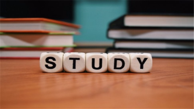 Lettered dice arranged on a table to spell the word STUDY